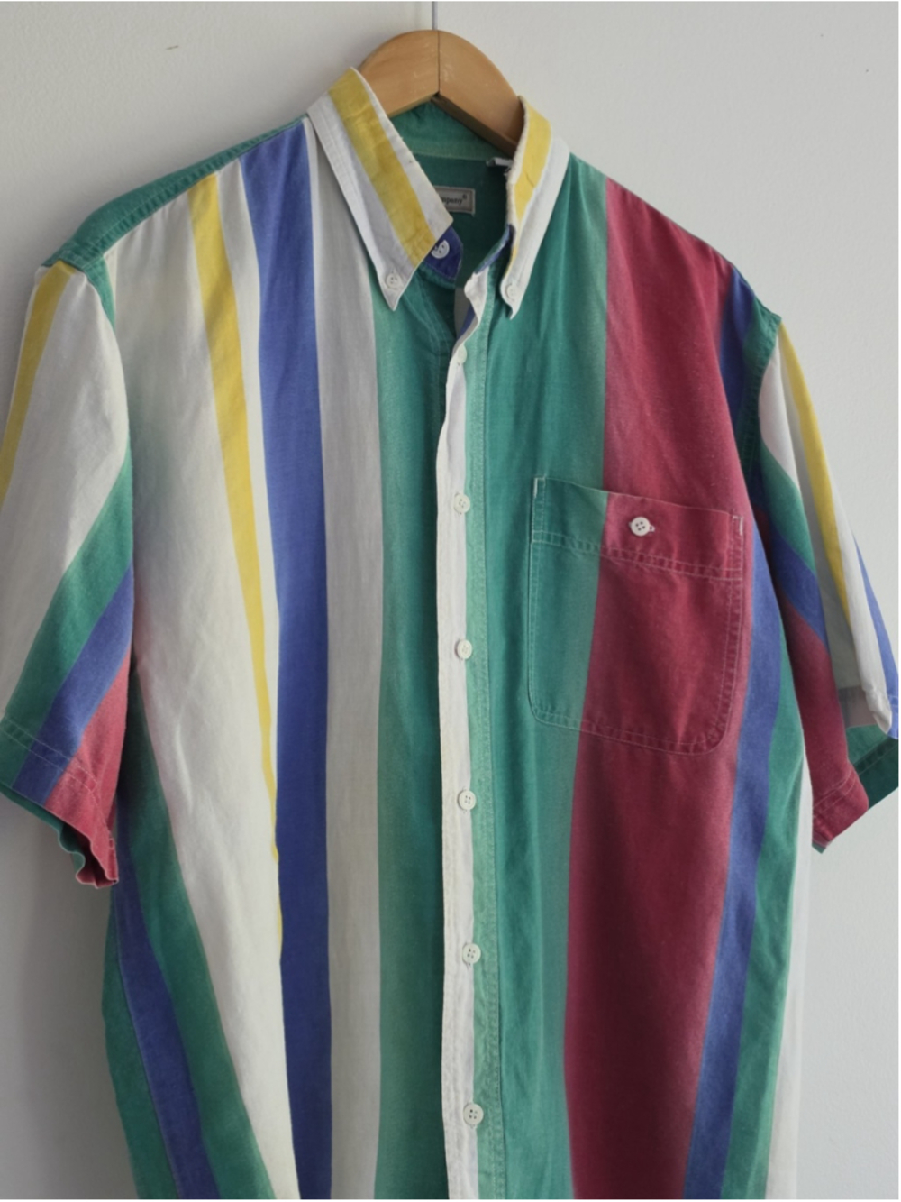 Vintage 90s Bugle Boy Multi Color Vertical Striped Short Sleeve Shirt Medium - Picture 2 of 9